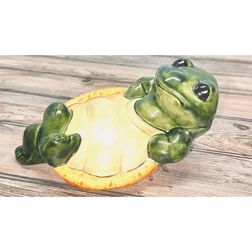Vtg 1970's Ceramic Turtle Tortoise Figurine 10" Green Laying On Back Decor